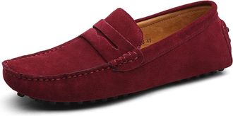 Generic Mens Loafers Genuine Leather Suede Vamp Penny Loafer Stitching Details Round Toe Lightweight Flexible Flat Heel Comfortable Prom Slip-on(Wine Red,10.5