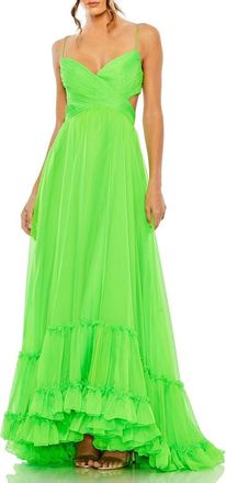 Mac Duggal Cut Out Chiffon Tiered Strappy Open Back Gown in Lime at Nordstrom, Size 2