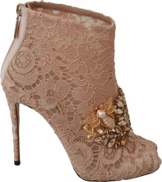 Dolce & Gabbana Roze Kristal Kant Enkellaarsjes Stiletto Schoenen