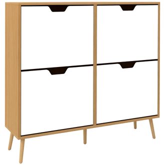 HOMCOM Zapatero Con 4 Puertas Abatibles, Capacidad Para 16 Pares, Estante Ajustable, Patas De Madera De Pino, 95 X 26 X 95 Cm, Acabado Natural