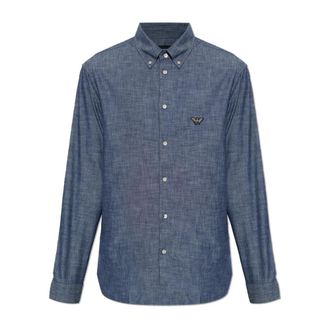 Emporio Armani Shirt met geborduurd logo - Heren - Casual Overhemden - Blauw - 2XL - Katoen - Overhemden