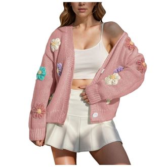 Generic 3D Floral Embroidered Cardigan Sweaters for Women Open Front Outfit Sweater Clothes for Ladies Fashion Cardigans Long Sleeve Tops Button up Sweater Co