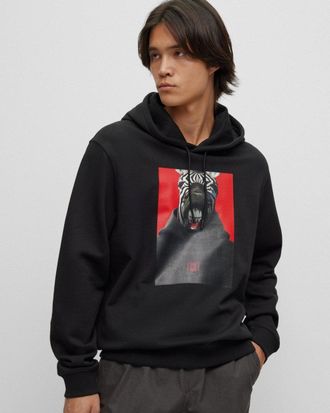 HUGO BOSS Hugo Debras Mens Pullover Graphic Hoodie - Black Cotton - Size X-Large