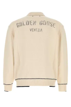 Golden Goose Mens Knit Polo Sweater White Cotton Polyester