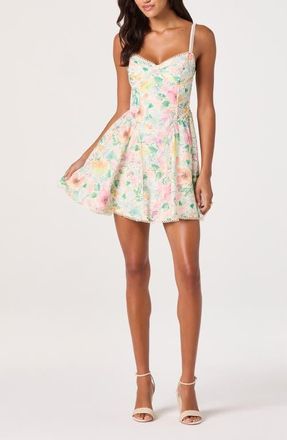 ASTR the Label Birdie Floral Eyelet Scallop Trim Minidress in Green Pink Floral at Nordstrom, Size X-Small