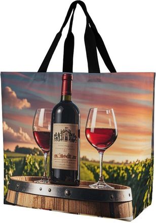 Generic YHNNH Fashionable Reusable Womens Shoulder Tote Bag Wooden Wine Barrel on Wine Bottle Printed with Unique Heat Transfer Print, Eco-Friendly Durable Po