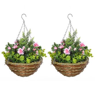 HOMCOM Pack of 2 Artificial Lisianthus Flowers Hanging Planter with Basket for Indoor Outdoor Decoration Home Garden | TJ Hughes