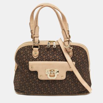DKNY Dkny Brown/blush Pink Jacquard Canvas And Leather Dome Satchel