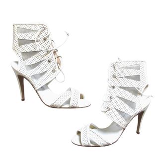 Manolo Blahnik White Lasercut Lace-Up Sandals Size 38.5