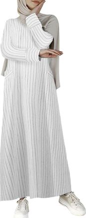 Generic AMDOLE Short Sundresses for Women Womens Muslim Abaya Dress Prayer Dress Full Length Kaftan with Hijab Dubai Maxi Dress Dress Pockets Cotton White