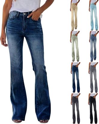 Generic Womens Flared Jeans Stretchy High Waisted Denim Pants Wide Leg Jeans Elastic Bootcut Bell Bottom Washed Pants with Pockets Casual Comfort Baggy Trouse