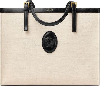 Versace Large Rivi&egrave;re Canvas Tote in Beige Black/Gold at Nordstrom