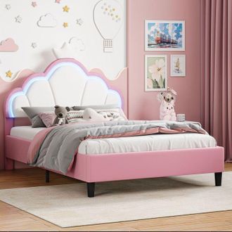 OEM Cama Doble 140x190 Cm - Estilo Princesa (cabecera Corona) - Terciopelo Rosa Y Blanco - Led Rgb Integrada - Somier De Lamas Incluido
