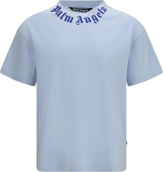 Palm Angels Light Blue Neck Logo Cotton T-Shirt