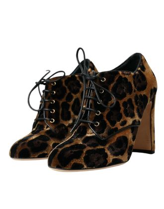 Dolce & Gabbana Womens Brown Leopard Hair Lace Up Booties Shoes Viscose Leather