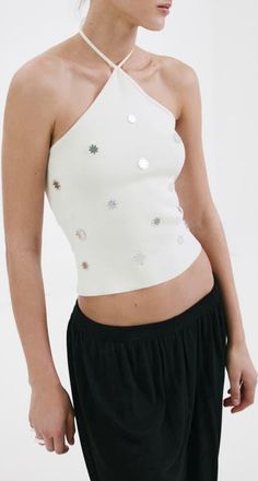 Mango Metallic Appliqu&eacute; Halter Top in White at Nordstrom, Size X-Small