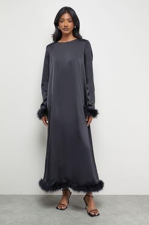 Warehouse Feather High Neck Swing Midi Dress in Black at Nordstrom, Size 4