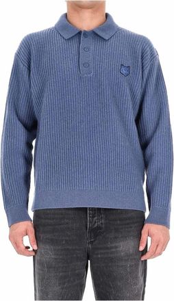 Maison Kitsun&eacute; Fox Head Wool Ribbed Polo Jumper - Heren - Ronde hals truien - Blauw - S - Wol - Truien & Vesten