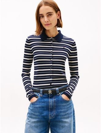 Tommy Hilfiger Womens Slim Fit Wool-Silk Blend Polo Cardigan - Navy - XS