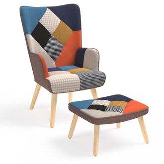 IDMarket Poltrona scandinava ivar con poggiapiedi in tessuto patchwork multicolore e stampa pied-de-poule