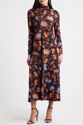 Julia Jordan Floral Mock Neck Long Sleeve Midi Dress in Black Multi at Nordstrom Rack, Size 16