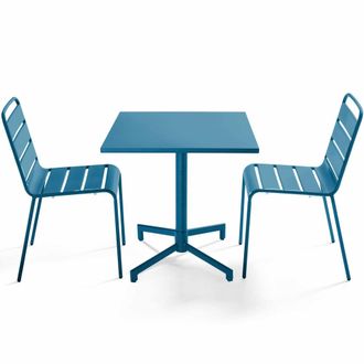 Oviala Conjunto de mesa y 2 sillas de jard&iacute;n de metal de 70 cm azul pac&iacute;fico