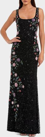 Mac Duggal Evening Embellished Floral Scoop-Neck Gown