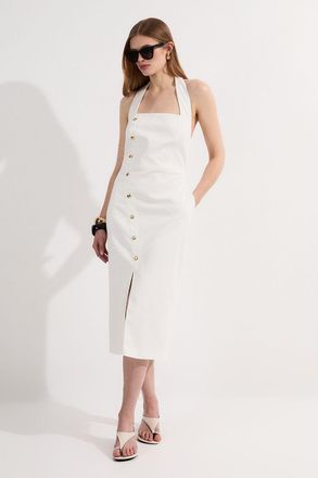 Karen Millen Womens Tailored Denim Halter Neck Pencil Midi Dress - White Cotton - Size 14 UK