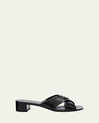 Prada 35mm Triangle Logo Metallic Leather Mule Sandals
