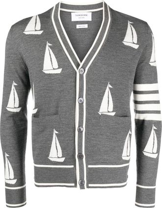 Thom Browne sail boat-motif merino wool cardigan - men - Virgin Wool - 0 - Grey