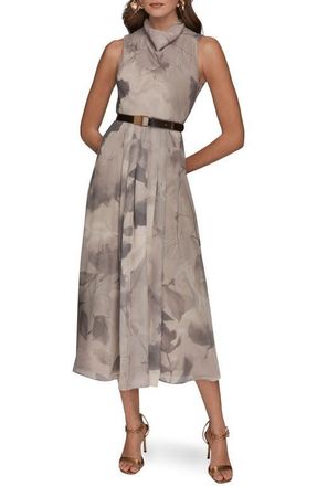 DKNY Cowl Neck Belted Fit & Flare Dress in Driftwood Multi at Nordstrom, Size 14