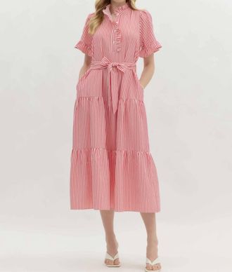 Entro Tiered Skirt Midi Dress In Pink And White Striped