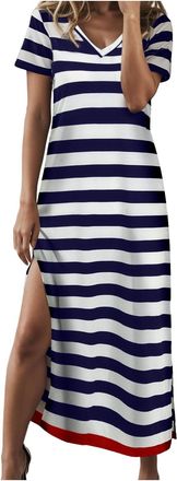 Generic Summer Dress for Women Casual Fashion Stripe Short Sleeve V-Neck T Shirt Long Color Block Side Slit Loose Beach Activewear Maxi Dresses (02-Navy, XXL)