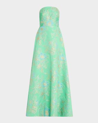 Teri Jon Strapless Metallic Floral Jacquard Gown