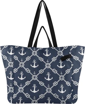 Generic Ropes Blue print Reusable Canvas Tote Bag, Heavy Duty Grocery Shopping Bag with Hard Bottom Large Capacity Double Handles Work Groceries Travel