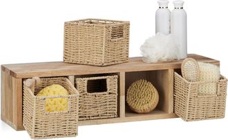Relaxdays Relaxdays - Estanter&iacute;a De Pared Madera De Nogal, 4 Cestas Extra&iacute;bles, Dise&ntilde;o R&uacute;stico, Mueble Para Colgar, Estante, Marr&oacute;n