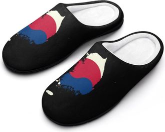 Generic Flag Map of South Korea Cotton Slippers for Women Memory Foam Comfy House Shoes with Anti-Skid Rubber Sole