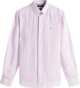 Tommy Hilfiger Klassiek roze gestreept linnen overhemd - Heren - Casual Overhemden - Roze - XL - Linnen - Overhemden