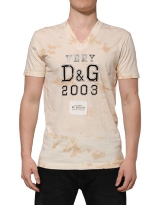 Dolce & Gabbana Beige Logo Print Short Sleeve V-neck Mens T-shirt