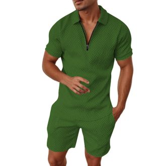 Generic Mens Short Sleeve Polo & Shorts Co-ord Set Breathable Summer Tracksuit for Casual, Sport, Jogging 2-Piece Activewear Loungewear Suit with Pockets Army