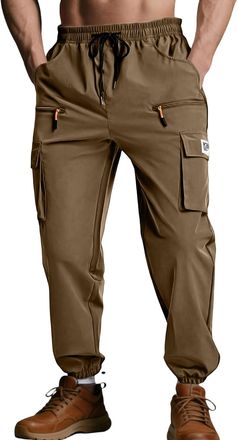 Generic Mens Lightweight Cargo Trousers Elasticated Waist Joggers with Multi Zip Pockets, Casual Outdoor Hiking Work Pants for Men, High Street Cargo Trousers