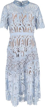 Self Portrait Prairie Guipure Lace Midi Dress in Light Blue Polyester