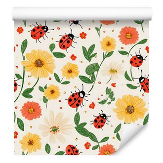 OEM Carta Da Parati Con Coccinelle, Bianca E Crema, Per Soggiorno E Camera Da Letto, 50x1000 Cm