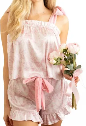 8 Oak Lane Satin Tie Top Pajama Short Set In Pink Bow Toile