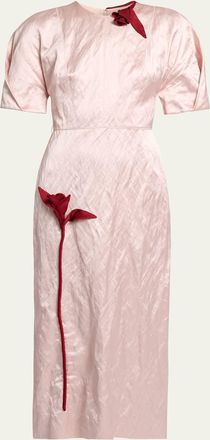 Erdem Tulip Applique Crinkled Satin Short-Sleeve Midi Dress