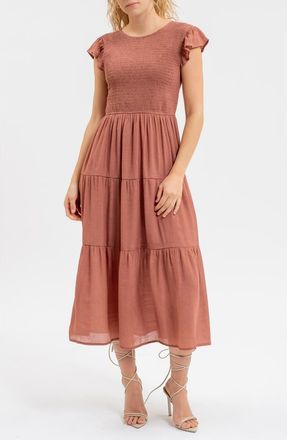 Blu Pepper Flutter Sleeve Smocked Tiered Midi Dress in Terracotta at Nordstrom Rack, Size Medium