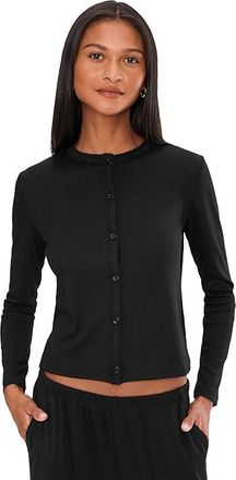 Barefoot Dreams Pointelle Rib Cardi with Scallop Trim Womens Sweater Black : LG (US 12-14), Elastane/Polyester