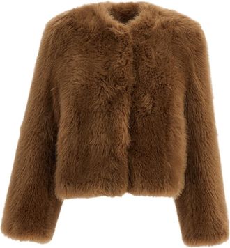 Stand Studio Beige Halle Collarless Boxy Faux Fur Jacket
