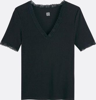 La Redoute Collections T-shirt met V-hals en korte mouwen, detail in kant