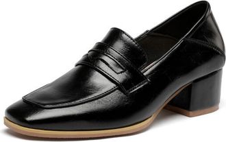 Generic Womens Square Toe PU Leather Loafers Slip on Work Shoes Chunky Heel Office Dress Shoes,Black,4.5 UK